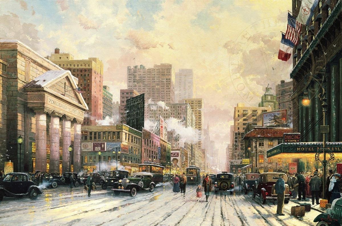 New York Neige sur la Septième Avenue 1932 Thomas Kinkade Peintures à l'huile